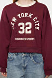 Kadın Oversize Bisiklet Yaka Düşük Kol Crop Slogan Geniş Kalıp Kalın İçi Polarlı Örme Sweatshirt