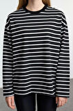 Kadın Moda Şık Oversize Bisiklet Yaka Düşük Kol Uzun Çizgili Geniş Kesim İnce Örme Sweatshirt