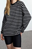 Kadın Moda Şık Oversize Bisiklet Yaka Düşük Kol Uzun Çizgili Geniş Kesim İnce Örme Sweatshirt