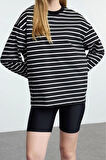 Kadın Moda Şık Oversize Bisiklet Yaka Düşük Kol Uzun Çizgili Geniş Kesim İnce Örme Sweatshirt