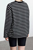 Kadın Moda Şık Oversize Bisiklet Yaka Düşük Kol Uzun Çizgili Geniş Kesim İnce Örme Sweatshirt