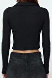 Kadın Moda Şık Üst Giyim Crop Polo Yaka Slim Kalıp Örme Dokulu Kumaş Fitted Vücuda Oturan Bluz