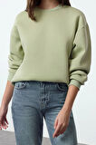 Kadın Regular Bisiklet Yaka Düşük Kol Regular Kalın İçi Polarlı Normal Kalıp Basic Örme Sweatshirt