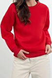 Kadın Regular Bisiklet Yaka Düşük Kol Regular Kalın İçi Polarlı Normal Kalıp Basic Örme Sweatshirt