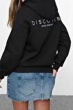 Kadın Moda Bol Kapüşonlu Düşük Kol Uzun Sırt Baskılı Geniş Kalıp Kalın İçi Polarlı Örme Sweatshirt