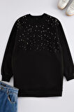 Kadın Tesettür Moda Şık Oversize Bisiklet Yaka Standart Kol Uzun Şardonlu Aksesuarlı Sweatshirt