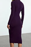 Kadın Moda Şık Midi Boy Dik Yaka Slim Cut Out Detaylı Fitted Vücuda Oturan Esnek Örme Elbise