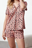 Kadın Moda Şık Gömlek Yaka Boru Paça Kısa Kol %100 Pamuklu Leopar Desenli Örme Pijama Takımı