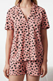 Kadın Moda Şık Gömlek Yaka Boru Paça Kısa Kol %100 Pamuklu Leopar Desenli Örme Pijama Takımı