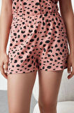 Kadın Moda Şık Gömlek Yaka Boru Paça Kısa Kol %100 Pamuklu Leopar Desenli Örme Pijama Takımı