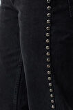 Kadın Moda Şık Kot Pantolon Geniş Paça Uzun Boy Denim Trok Detaylı Yüksek Bel Jeans