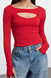 Kadın Crop Bisiklet Yaka Slim Kalıp Örme 2li Cut Out Detaylı Fitted Vücuda Oturan Fitilli Esnek Bluz