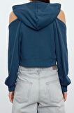 Kadın Moda Slim Kapüşonlu Düşük Kol Regular Bolero Detaylı Normal Kalıp Crop Kısa Örme Sweatshirt