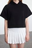 Kadın Moda Şık Relaxed Kapüşonlu Ay Kol Crop Ay Kol Crop Rahat Kalıp Örme Sweatshirt