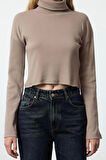 Kadın Moda Şık Üst Giyim Super Crop Dik Yaka Slim Kalıp Örme Fitted Vücuda Crop Esnek Bluz