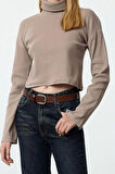 Kadın Moda Şık Üst Giyim Super Crop Dik Yaka Slim Kalıp Örme Fitted Vücuda Crop Esnek Bluz