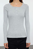Kadın Moda Şık Regular Havuz Yaka Slim Kalıp Örme Çıtçıtlı Fitted Vücuda Oturan Fitilli Esnek Bluz