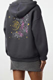Kadın Moda Şık Bol Kapüşonlu Düşük Kol Uzun Kalın İçi Polarlı Baskılı Geniş Kalıp Örme Sweatshirt