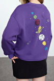 Kadın Regular Bisiklet Yaka Düşük Kol Regular Kalın İçi Polarlı Baskılı Normal Kalıp Örme Sweatshirt