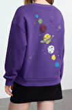 Kadın Regular Bisiklet Yaka Düşük Kol Regular Kalın İçi Polarlı Baskılı Normal Kalıp Örme Sweatshirt