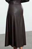 Kadın Moda Stil Maxi Astarsız Örme Suni Deri Yüksek Bel Maxi Etek