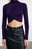 Kadın Moda Şık Üst Giyim Super Crop Dik Yaka Slim Kalıp Örme Drapeli Crop Bluz