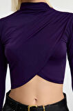 Kadın Moda Şık Üst Giyim Super Crop Dik Yaka Slim Kalıp Örme Drapeli Crop Bluz