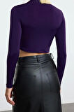 Kadın Moda Şık Üst Giyim Super Crop Dik Yaka Slim Kalıp Örme Drapeli Crop Bluz