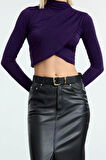 Kadın Moda Şık Üst Giyim Super Crop Dik Yaka Slim Kalıp Örme Drapeli Crop Bluz