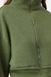 Kadın Fermuarlı Yaka Düşük Kol Normal Kalıp Fermuarlı Kalın İçi Polarlı Örme Sweatshirt