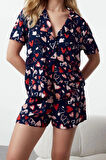Kadın Moda Şık Gömlek Yaka Geniş Paça Uzun Kol Kalp Desenli Viskon Dokuma Pijama Takımı