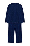 Kadın Moda Şık Büyük Beden Gömlek Yaka Boru Paça Uzun Kol Puantiyeli Örme Pijama Takımı