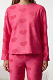 Kadın Moda Şık Bisiklet Yaka Boru Paça Uzun Kol Kalpli Örme Pijama Takımı