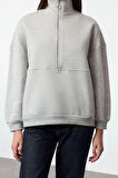 Kadın Oversize Dik Yaka Standart Geniş Kalıp Yarım Fermuarlı Kalın Polarlı Örme Sweatshirt