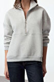 Kadın Oversize Dik Yaka Standart Geniş Kalıp Yarım Fermuarlı Kalın Polarlı Örme Sweatshirt
