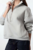 Kadın Oversize Dik Yaka Standart Geniş Kalıp Yarım Fermuarlı Kalın Polarlı Örme Sweatshirt