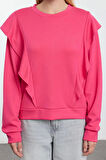 Kadın Relaxed Bisiklet Yaka Büzgülü/Fırfırlı Kol Regular Fırfır Detaylı Rahat Kalıp Örme Sweatshirt