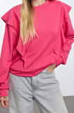 Kadın Relaxed Bisiklet Yaka Büzgülü/Fırfırlı Kol Regular Fırfır Detaylı Rahat Kalıp Örme Sweatshirt