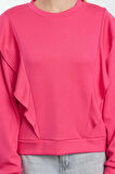 Kadın Relaxed Bisiklet Yaka Büzgülü/Fırfırlı Kol Regular Fırfır Detaylı Rahat Kalıp Örme Sweatshirt