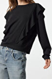 Kadın Relaxed Bisiklet Yaka Büzgülü/Fırfırlı Kol Regular Fırfır Detaylı Rahat Kalıp Örme Sweatshirt