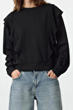 Kadın Relaxed Bisiklet Yaka Büzgülü/Fırfırlı Kol Regular Fırfır Detaylı Rahat Kalıp Örme Sweatshirt