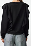 Kadın Relaxed Bisiklet Yaka Büzgülü/Fırfırlı Kol Regular Fırfır Detaylı Rahat Kalıp Örme Sweatshirt