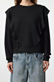 Kadın Relaxed Bisiklet Yaka Büzgülü/Fırfırlı Kol Regular Fırfır Detaylı Rahat Kalıp Örme Sweatshirt