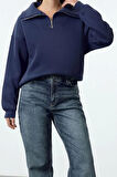 Kadın Moda Bol Fermuarlı Yaka Düşük Kol Uzun Kalın İçi Polarlı Fermuarlı Geniş Kalıp Örme Sweatshirt