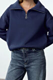 Kadın Moda Bol Fermuarlı Yaka Düşük Kol Uzun Kalın İçi Polarlı Fermuarlı Geniş Kalıp Örme Sweatshirt