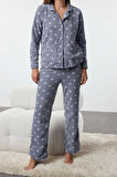 Kadın Moda Şık Gömlek Yaka Boru Paça Uzun Kol Kış Temalı Cepli Polar Kışlık Örme Pijama Takımı