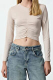 Kadın Super Crop Bisiklet Yaka Slim Kalıp Örme Fitted Vücuda Oturan Büzgü Detaylı Crop Esnek Bluz