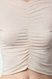 Kadın Super Crop Bisiklet Yaka Slim Kalıp Örme Fitted Vücuda Oturan Büzgü Detaylı Crop Esnek Bluz