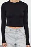 Kadın Moda Şık Üst Giyim Crop Bisiklet Yaka Slim Kalıp Örme Viskoz Yumuşak Kumaşlı Fitted Esnek Bluz