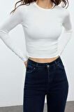 Kadın Moda Şık Üst Giyim Crop Bisiklet Yaka Slim Kalıp Örme Viskoz Yumuşak Kumaşlı Fitted Esnek Bluz